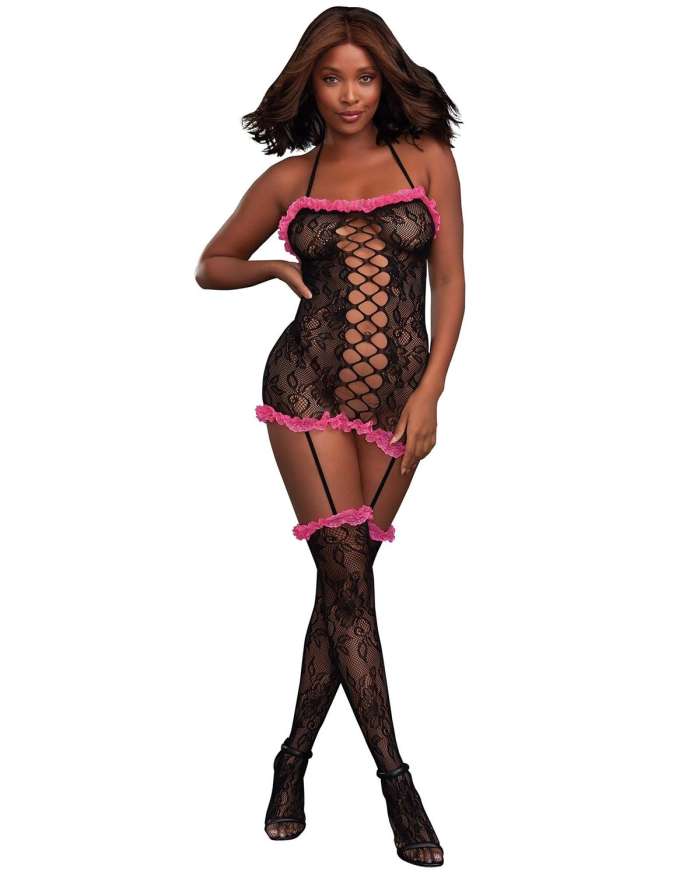 Dreamgirl Sheer Stretch Lace Halter Garter Dress with Attached Garters & Thigh Highs