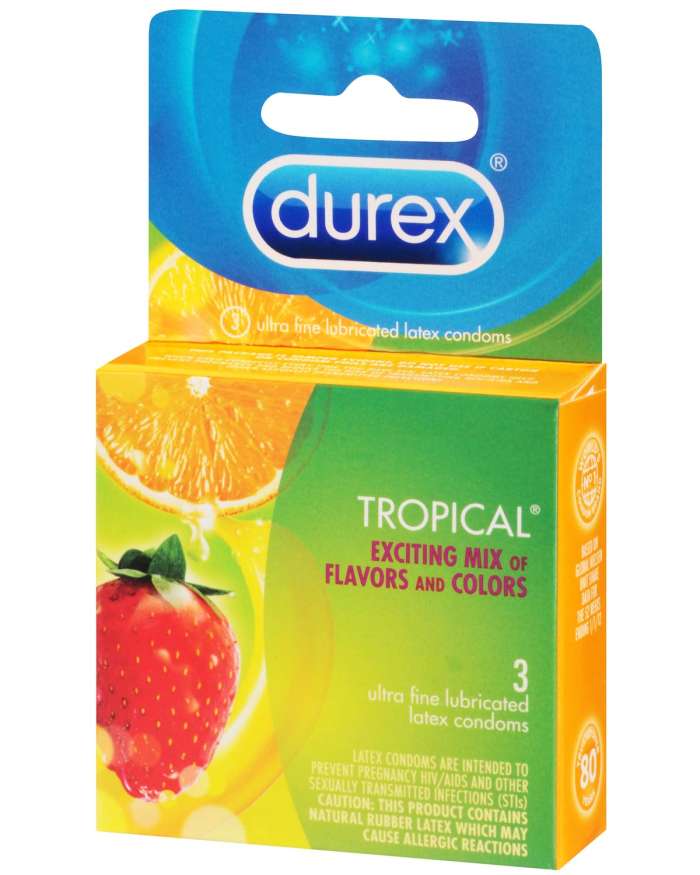 Durex Tropical Mix of Flavors and Colors Lubricated Latex Condoms  