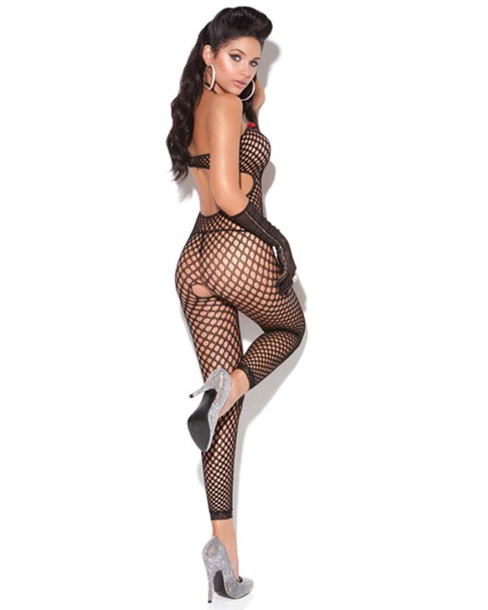 Elegant Moments Vivace Crochet Open Crotch Bodystocking with Ribbon