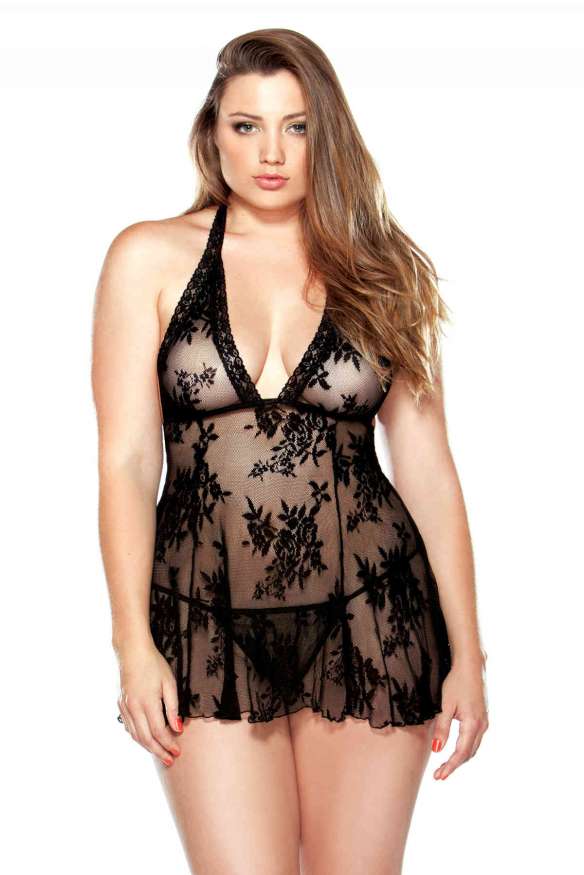 Curve Stretch Lace Leaf Pattern Chemise and Matching G-String