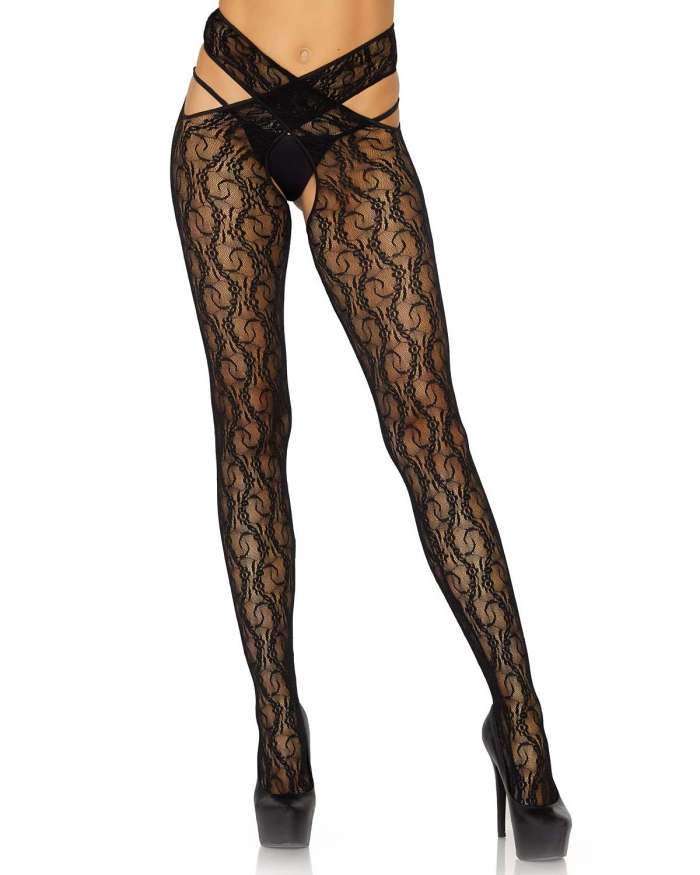 Leg Avenue Daisy Floral Lace Crotchless Wraparound Tights