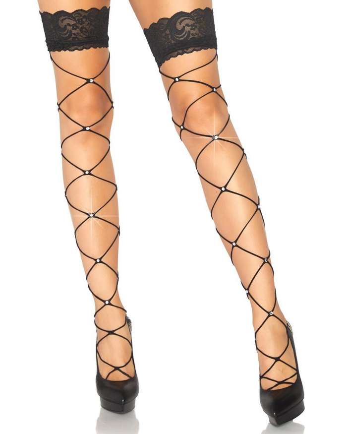 Leg Avenue Crystalized Wide Net Lace Top Thigh Highs