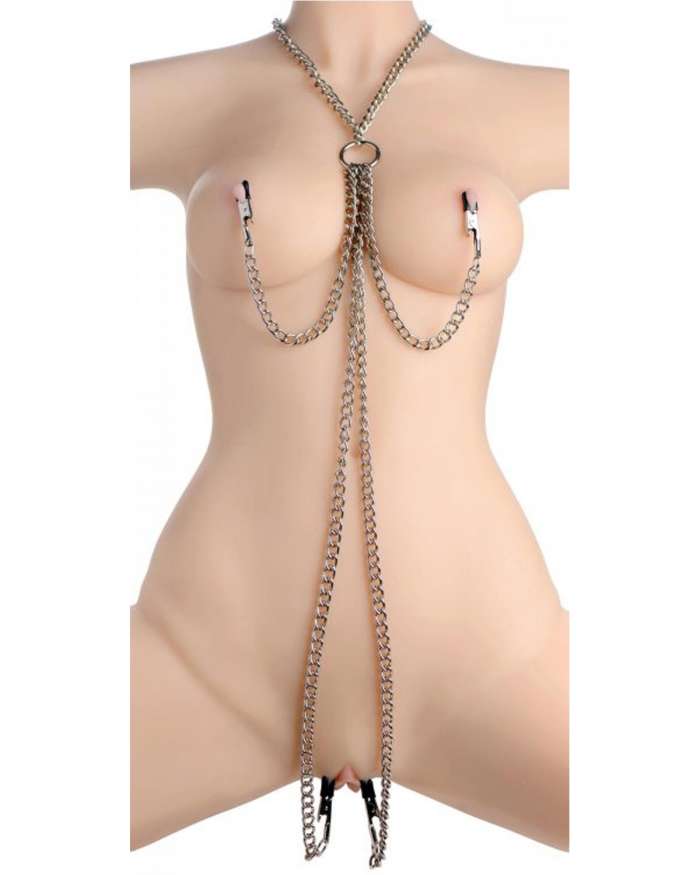 Master Series Chained Collar Nipple and Genitals Clamp Set