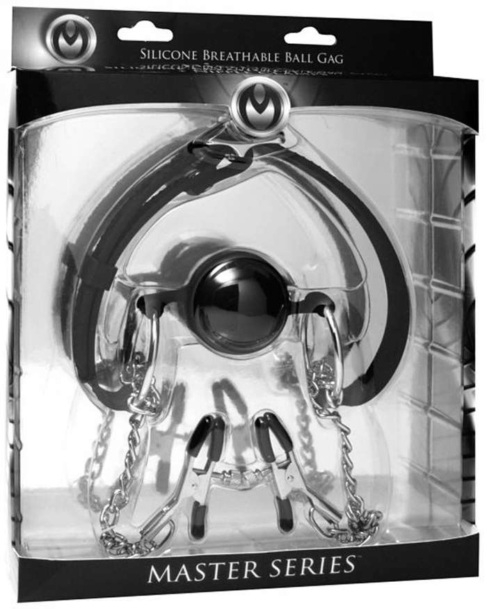 Master Series Hinder Breathable Ball Gag and Nipple Clamps