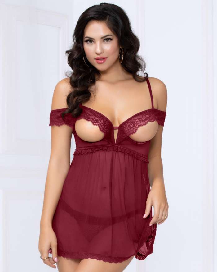Seven 'til Midnight Lace Mesh Open Cup Off the Shoulder Babydoll