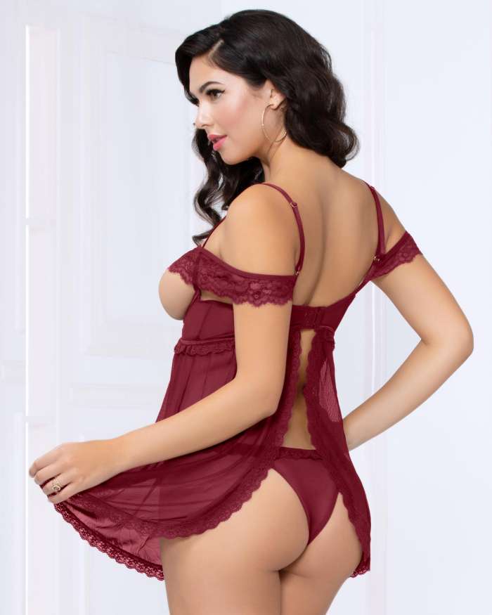 Seven 'til Midnight Lace Mesh Open Cup Off the Shoulder Babydoll