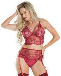 Coquette Cutaway Underwire Cup Strappy Boning Bra, Garter Belt, & Thong Set