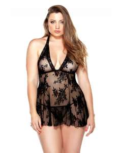Curve Stretch Lace Leaf Pattern Chemise and Matching G-String