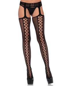 Leg Avenue Faux Lace Up Dual Net Backseam Garter Stockings