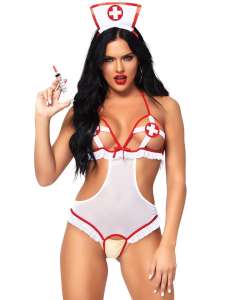 Leg Avenue Naughty Nurse Crotchless Peek-a-Boo Teddy & Hat Band Set