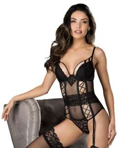 Shirley of Hollywood Lace and Mesh Undewire Cups Criss-Cross Garter Teddy
