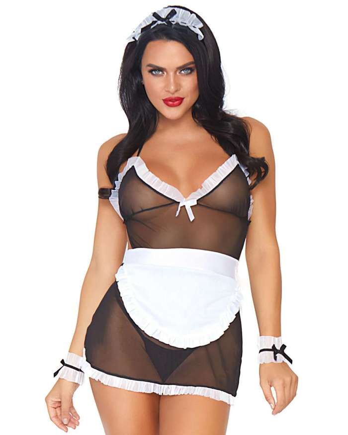 Leg Avenue French Maid Dress, Cuffs, Headband, & G-String Set