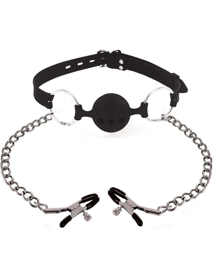 Master Series Hinder Breathable Ball Gag and Nipple Clamps